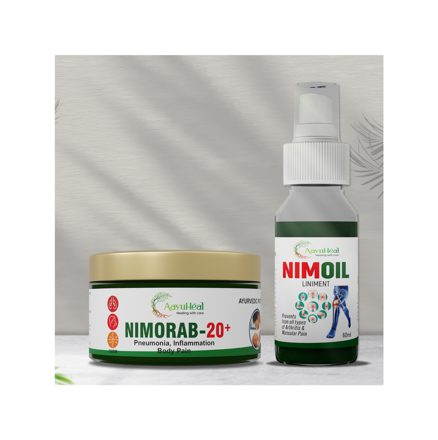 A image showcasing two products, Nimorab-20+ ointment and NimOil, in packaging with a tropical leaf background. The ointment is in a tube with a golden cap and the oil bottle has a white spray nozzle.