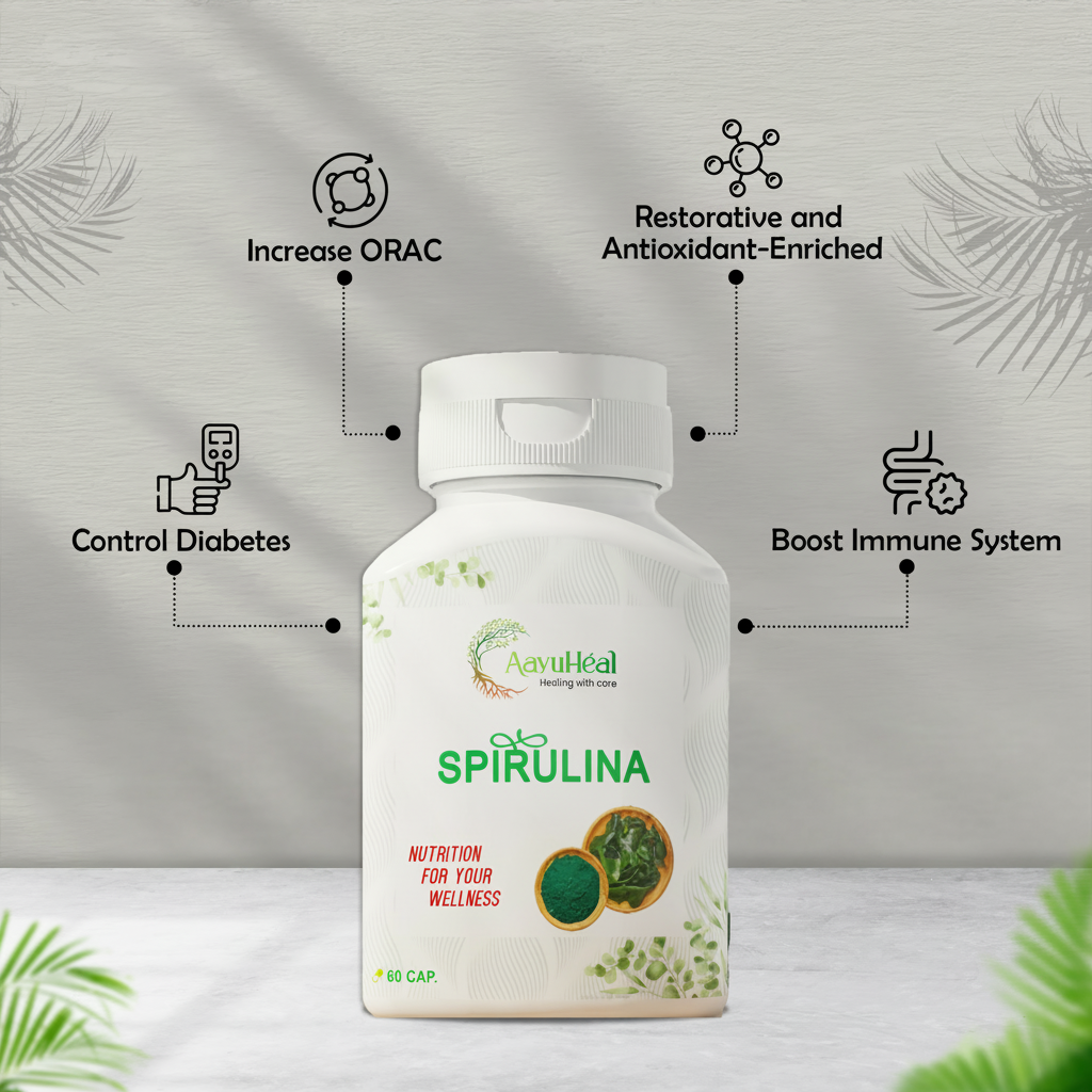 AayuHeal Spirulina Extract Capsules
Spirulina wellness supplement capsules
Plant-based Spirulina nutritional support
Ayurvedic Spirulina wellness capsules