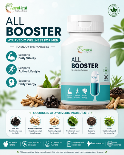 AayuHeal All Booster dietary supplement bottle for men, featuring a white bottle with teal and green accents, surrounded by Ayurvedic ingredients like ashwagandha, tulsi, and guggulu, with informational text and icons on a light green background.