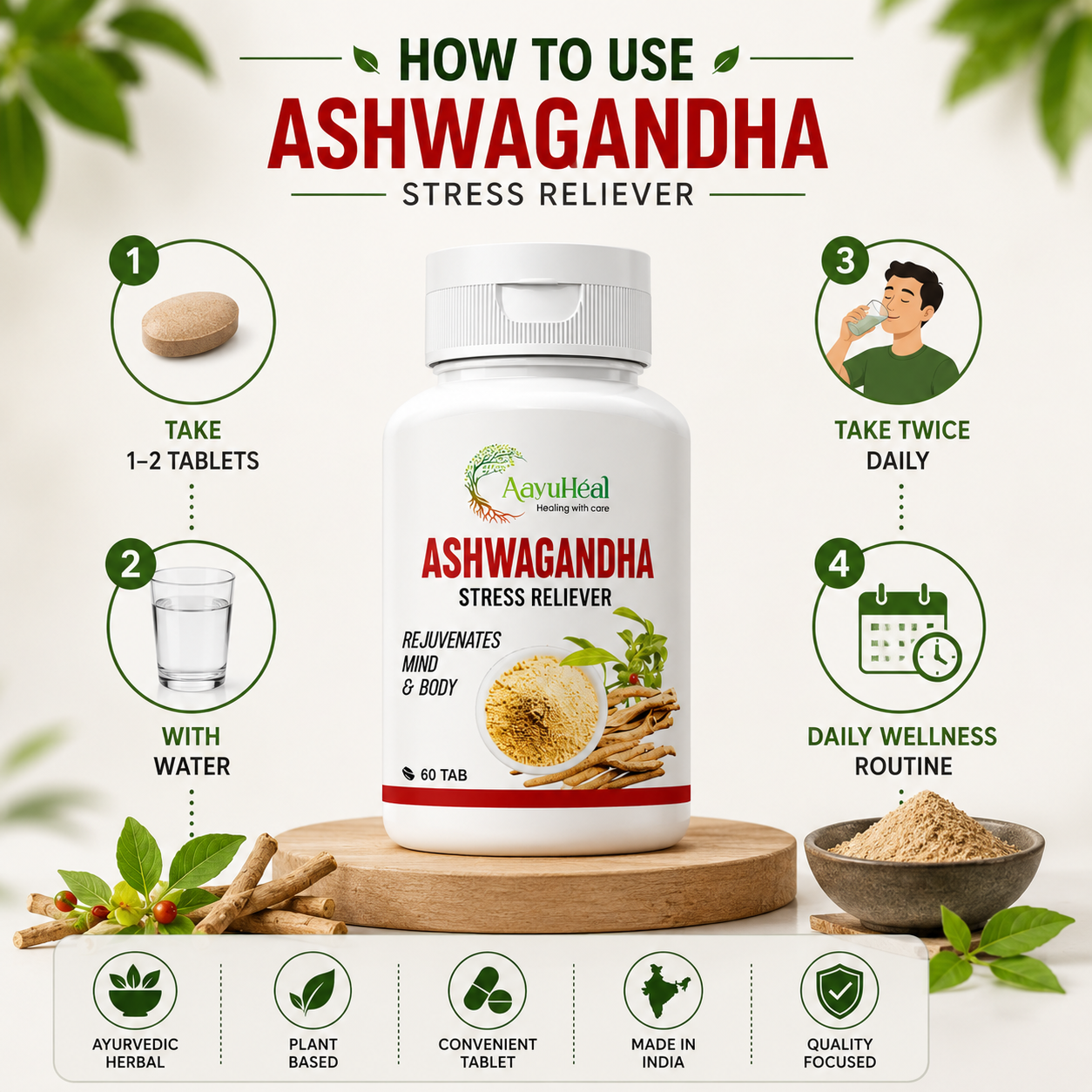 Ashwagandha Extract Tablets | Ayurvedic Herbal Wellness & Stress Support | 60 Tablets