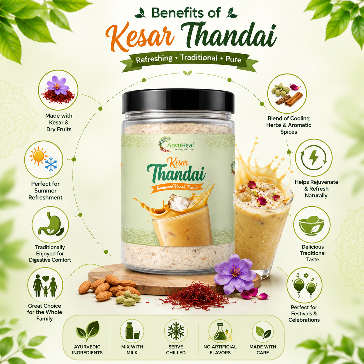 AayuHeal Kesar Thandai | Ayurvedic Drink Mix with Kesar, Dry Fruits; Traditional Cooling Herbs