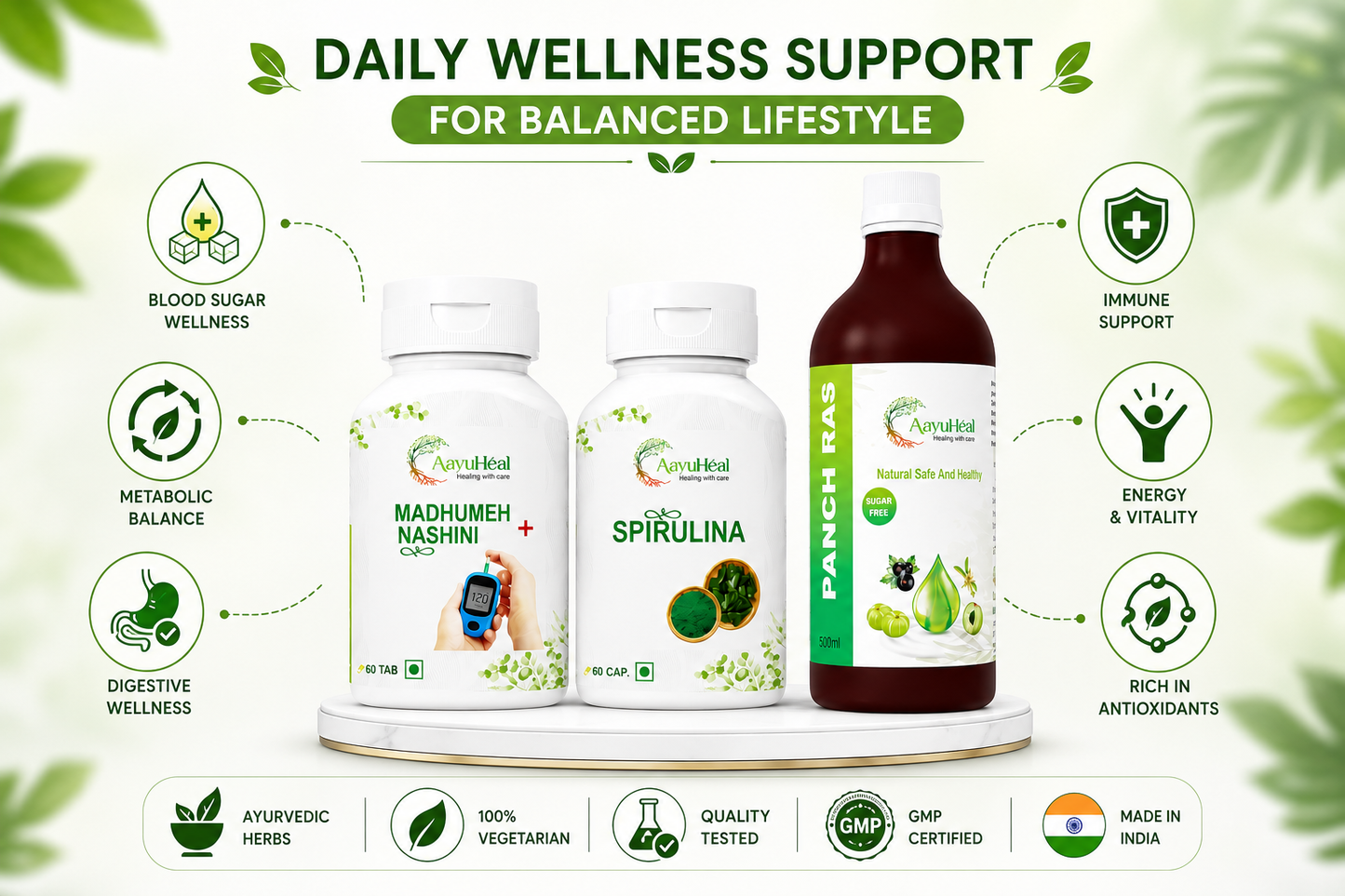 Ayurvedic Blood Sugar Wellness Support Kit | Madhumeh Nashini Tablets, Spirulina Veg Capsules & Panch Ras Syrup