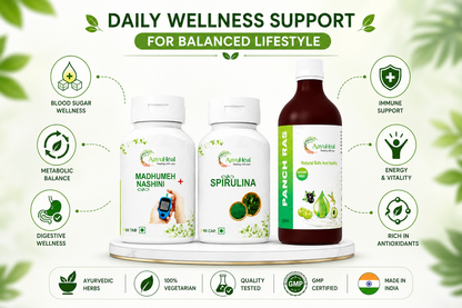 Ayurvedic Blood Sugar Wellness Support Kit | Madhumeh Nashini Tablets, Spirulina Veg Capsules & Panch Ras Syrup