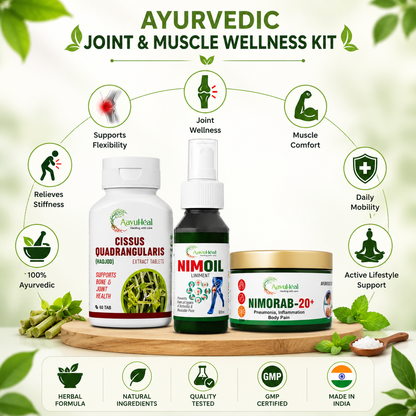 Ayurvedic Joint & Muscle Wellness Kit by Anukul Ayurveda, featuring three product bottles (Cissus Quadrangularis, Nimoil, and Nimorab-20) arranged on a wooden tray with green leaves and herbs, surrounded by benefit icons on a light background.