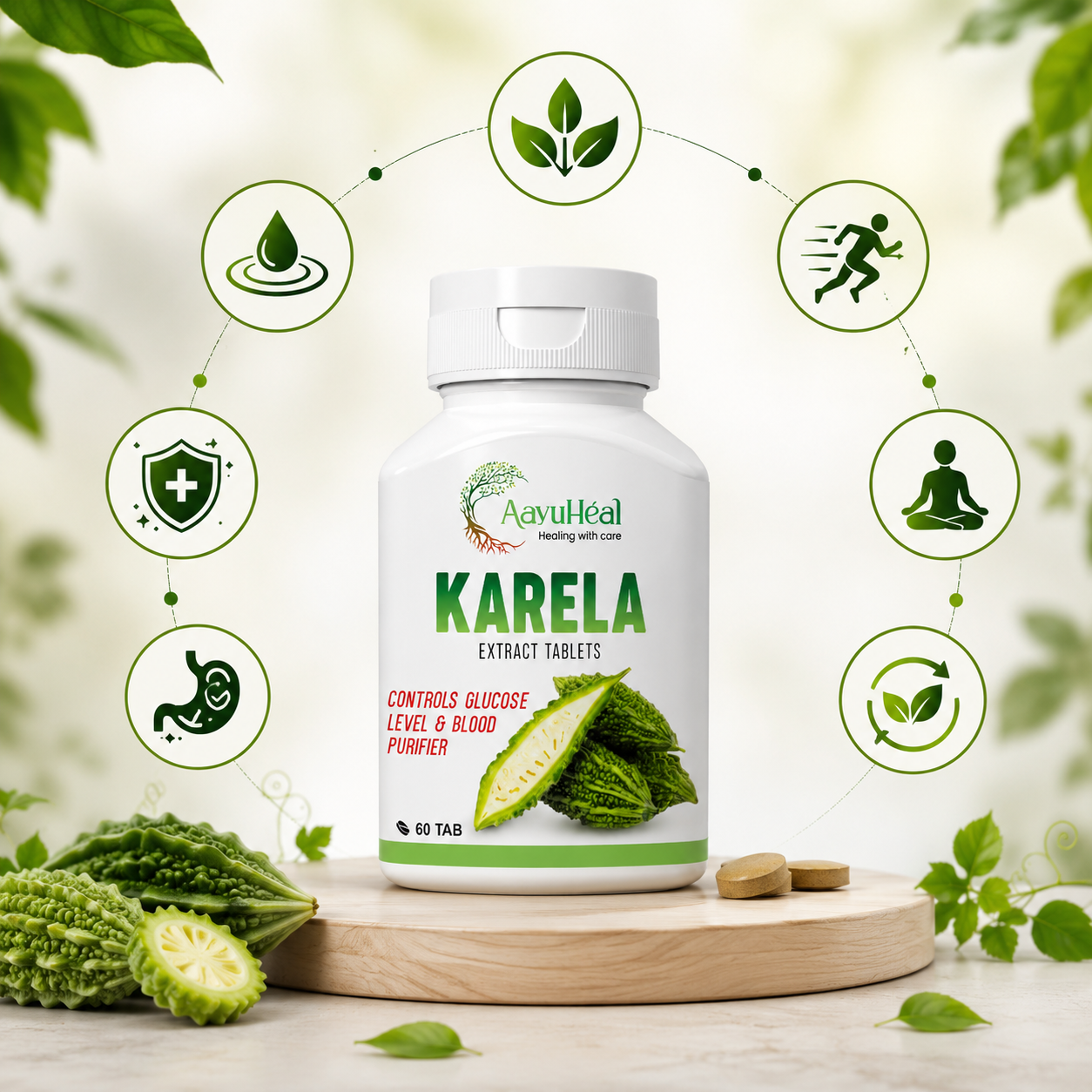 A white bottle of AyuHeal Karela Extract Tablets displayed on a wooden stand with fresh bitter melon leaves and tablets. The background is a soft-focus green natural setting with circular icons highlighting health benefits.