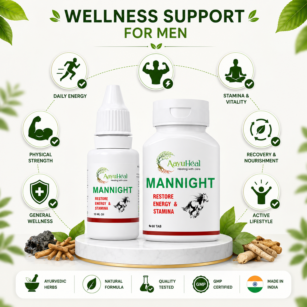 Two bottles of AnuvHeal Mannnight wellness supplement displayed on a white pedestal, surrounded by green leaves and icons highlighting benefits such as daily energy, physical strength, and recovery support.