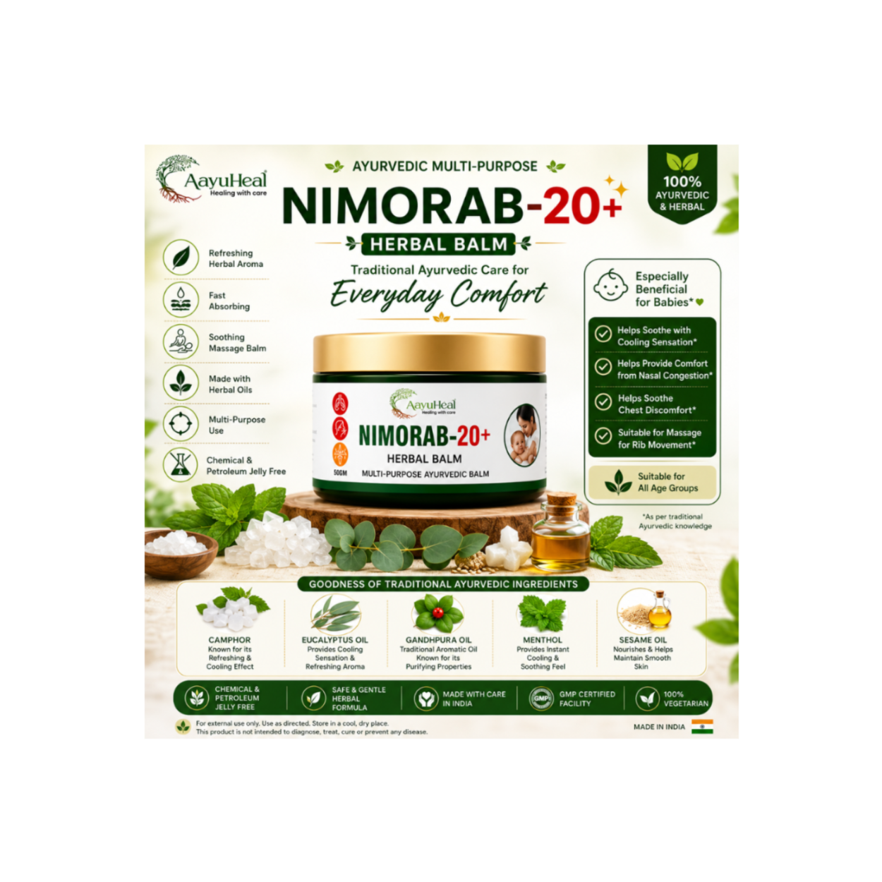 AayuHeal Nimorab-20+ Ayurvedic Herbal Balm for traditional herbal massage and everyday wellness.