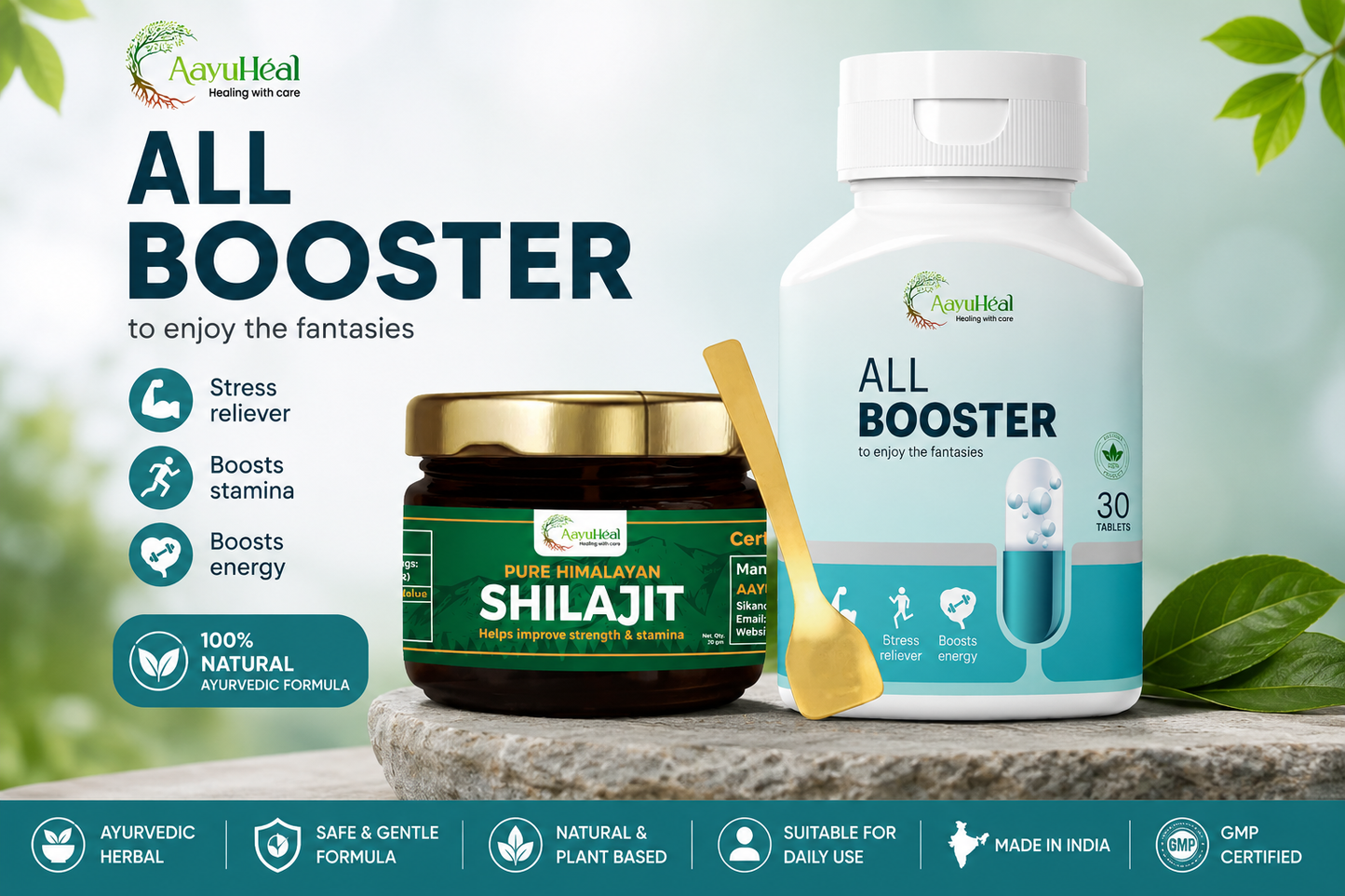 1 All Booster + Himalayan Shilajit Resin Combo  Ayurvedic Herbal Vitality & Wellness Support Kit