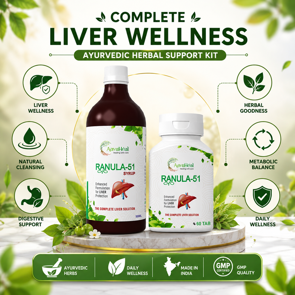 Ayurvedic herbal support kit for liver wellness, featuring a brown bottle of Ranula-51 Syrup and a white bottle of Ranula-51 Tabs on a marble pedestal, surrounded by green leaves and informational icons.