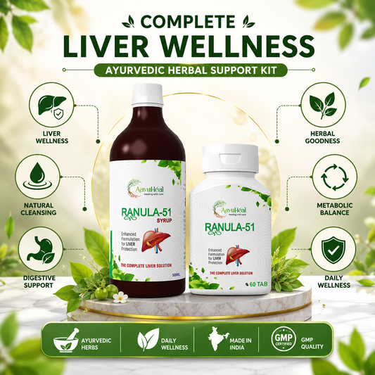Ayurvedic herbal support kit for liver wellness, featuring a brown bottle of Ranula-51 Syrup and a white bottle of Ranula-51 Tabs on a marble pedestal, surrounded by green leaves and informational icons.