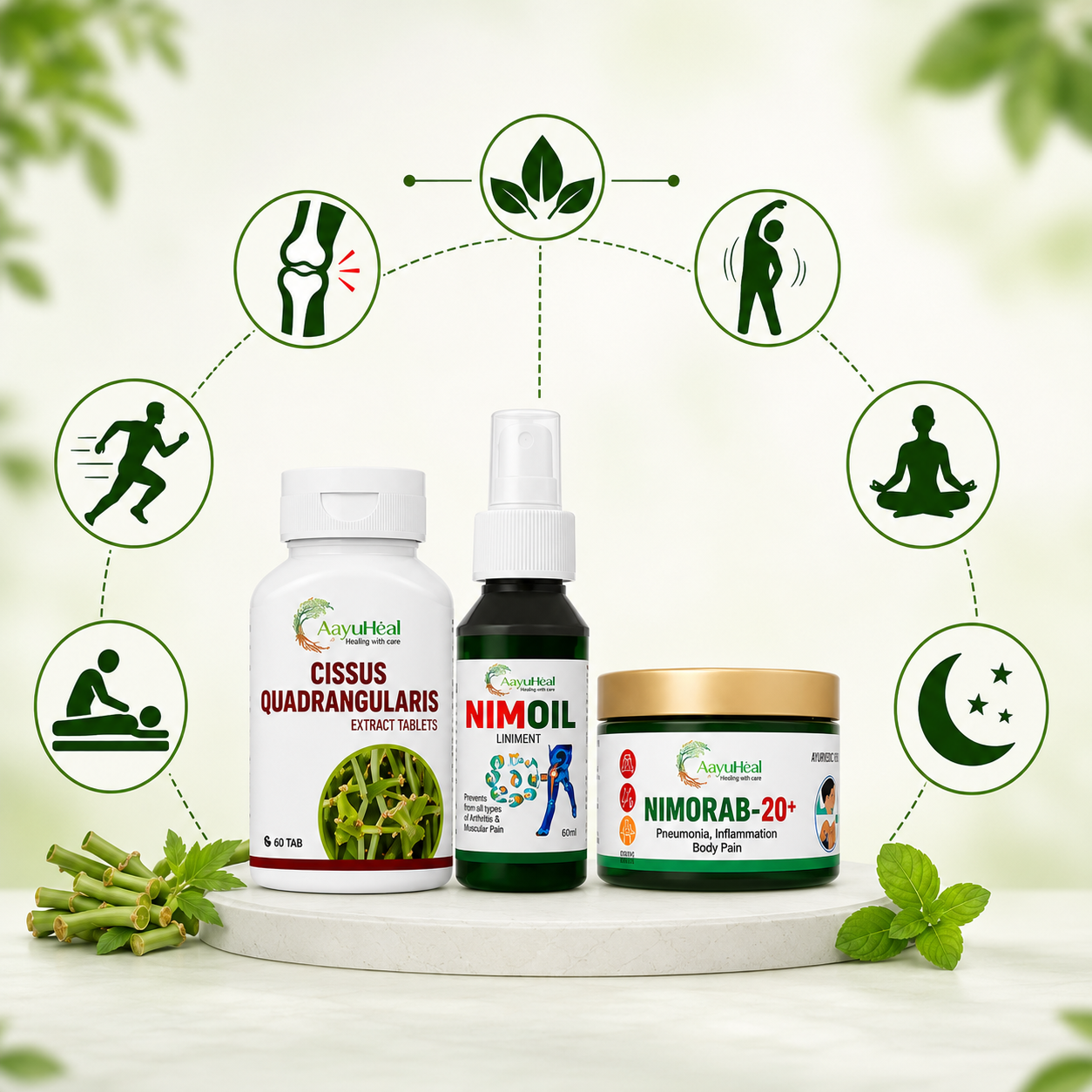 Three wellness products from Nimoal are displayed on a white marble pedestal with green herbal elements. The products include Cissus Quadrangularis Extract Tablets, Nimoil Joint Support Spray, and Nimorab-20+ Body Pain cream.