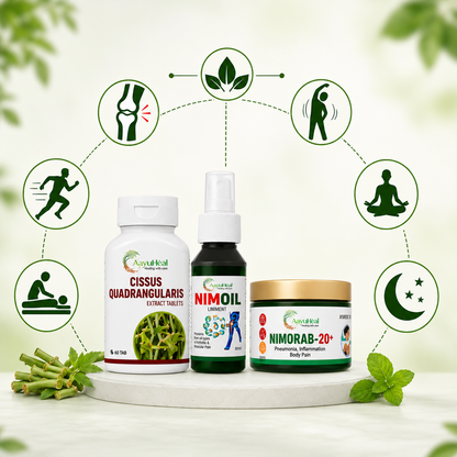 Three wellness products from Nimoal are displayed on a white marble pedestal with green herbal elements. The products include Cissus Quadrangularis Extract Tablets, Nimoil Joint Support Spray, and Nimorab-20+ Body Pain cream.