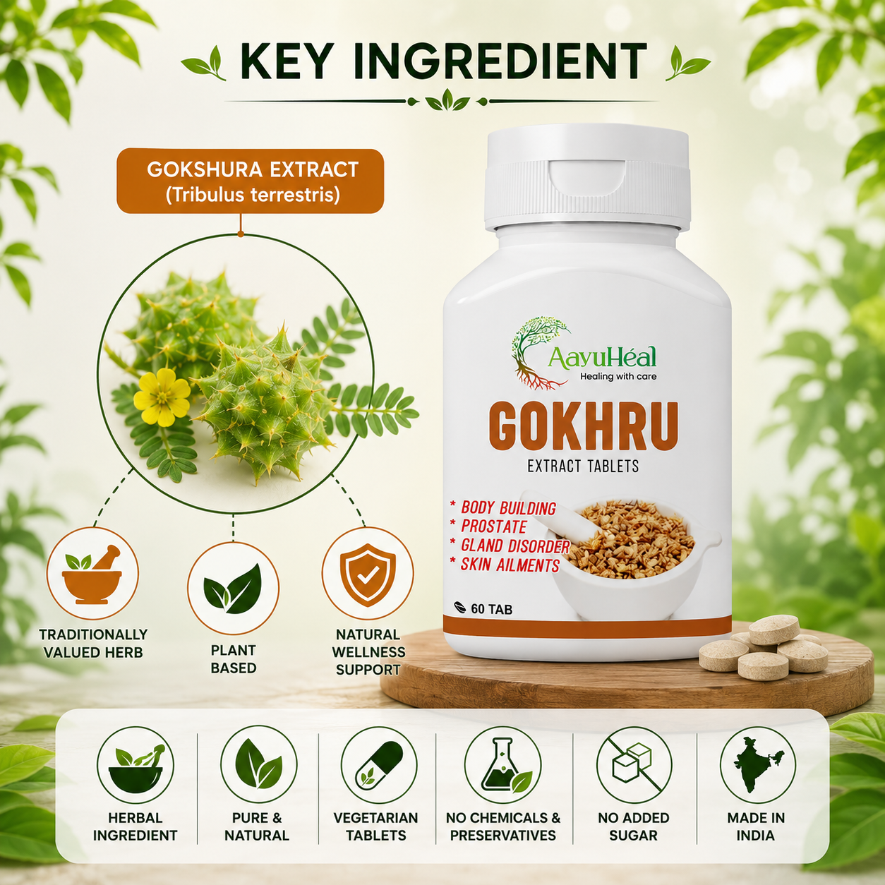 AayuHeal Gokhru Extract Tablets contain Gokshura (Tribulus terrestris), a traditionally valued Ayurvedic herb for men’s stamina, vitality and urinary wellness routines. Made in India.
