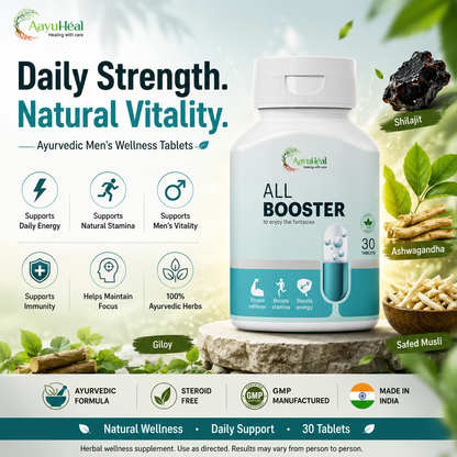 AayuHealAll Booster Ayurvedic men's wellness tablets in a white bottle with teal accents, set against a light green background with ingredient callouts including Shilajit, Ashwagandha, Giloy, and Safed Musli.