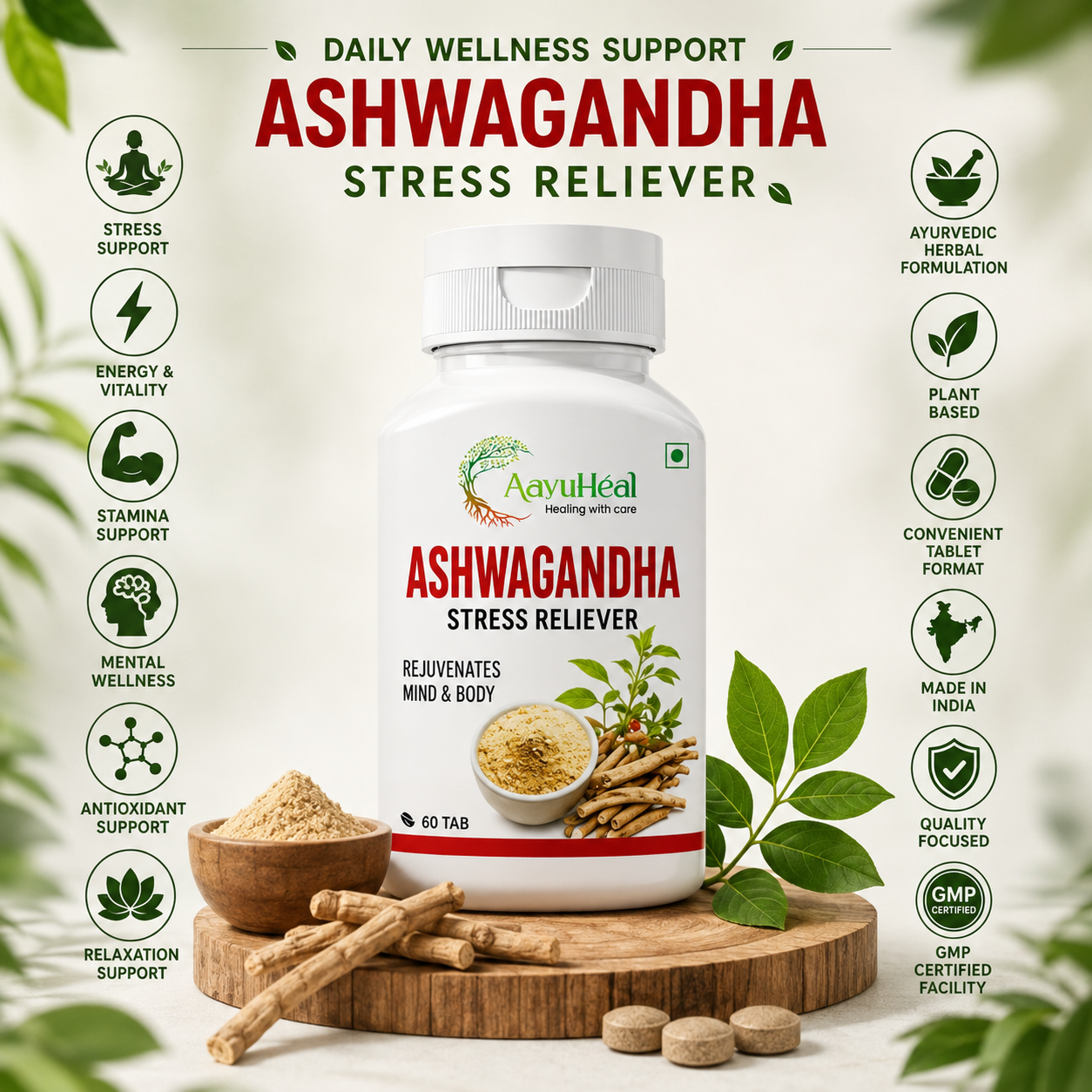 Ashwagandha Extract Tablets | Ayurvedic Herbal Wellness & Stress Support | 60 Tablets