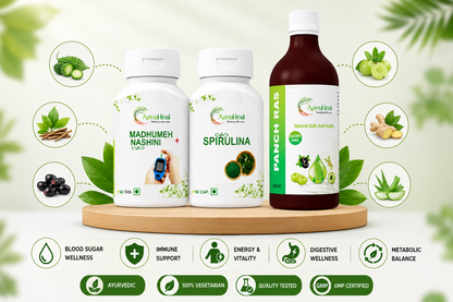 Ayurvedic Blood Sugar Wellness Support Kit | Madhumeh Nashini Tablets, Spirulina Veg Capsules & Panch Ras Syrup