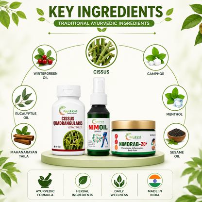 Three Ayurvedic wellness products displayed on a light green pedestal against a white background with decorative leaves. Above the products, a circular infographic labels key ingredients: Wintergreen Oil, Cissus, Camphor, Eucalyptus Oil, Mahanarayan Taila, Nimoil, Nimorab-20+, and Sesame Oil.
