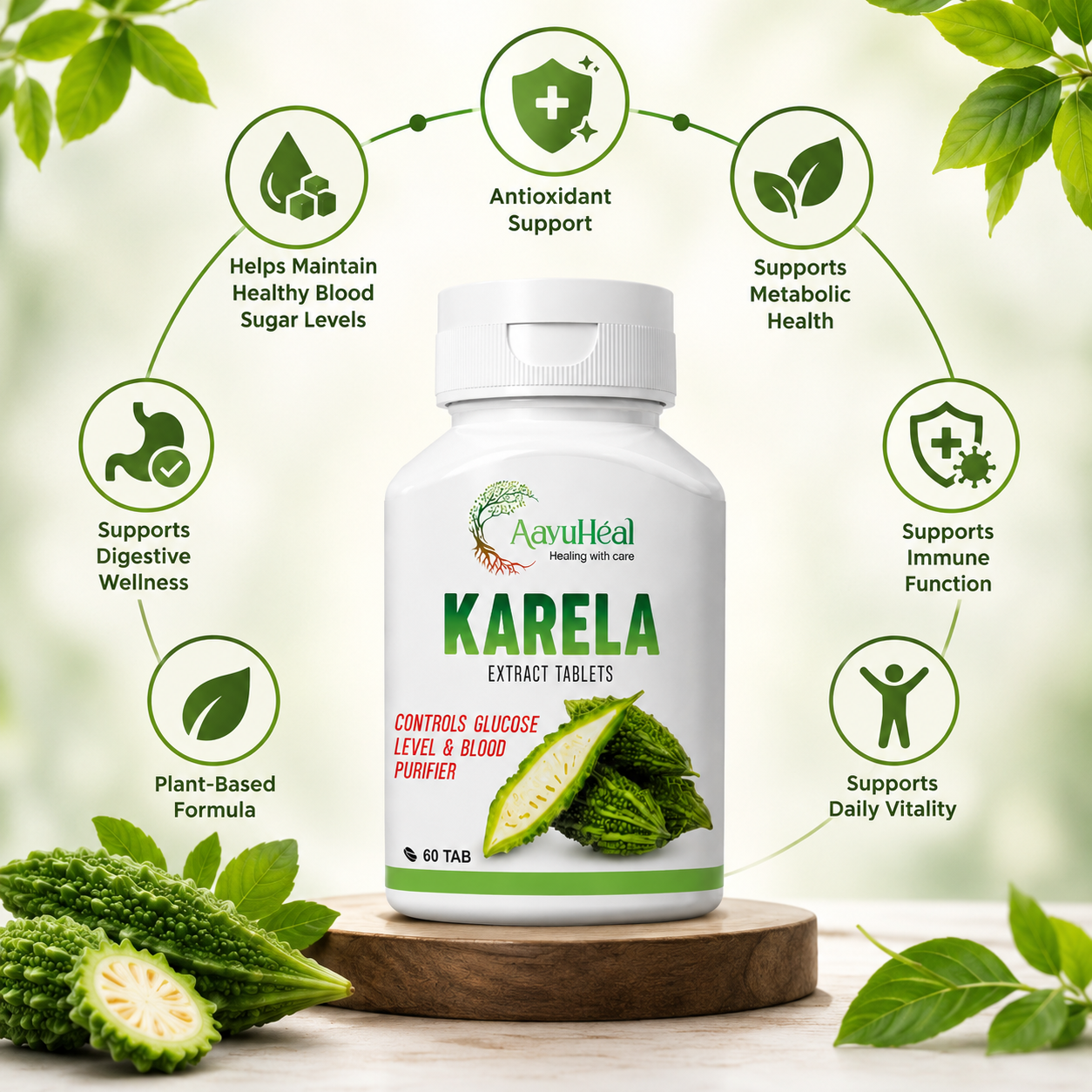 A bottle of AayuHeal Karela Extract Tablets centered on a wooden pedestal, surrounded by green leaves and text callouts describing health benefits such as antioxidant support, blood sugar levels, metabolic health, digestive wellness, immune function, and daily vitality.