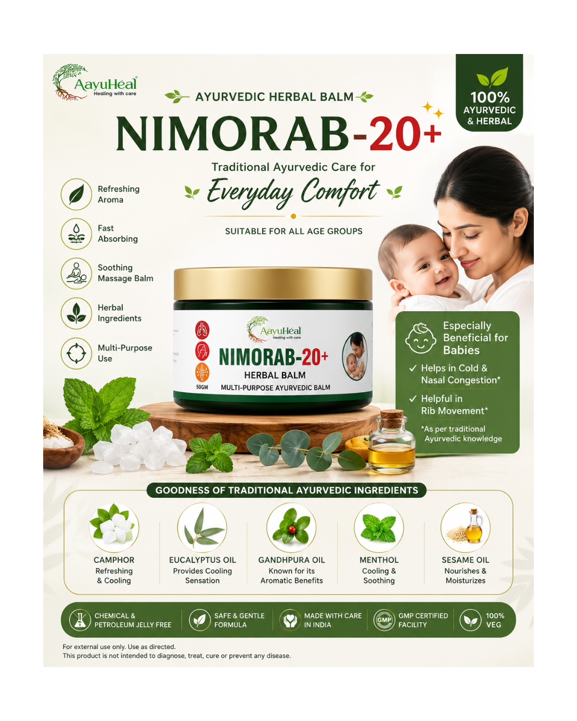 Ayurvedic herbal balm advertisement for Nimorab-20+ showing a jar of the product, ingredients, benefits, and a mother holding a baby. The brand is Ayurvedic Health Care (Aayurveda).