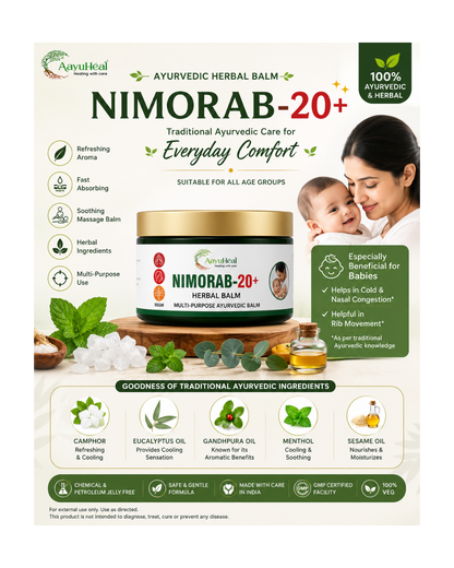 Ayurvedic herbal balm advertisement for Nimorab-20+ showing a jar of the product, ingredients, benefits, and a mother holding a baby. The brand is Ayurvedic Health Care (Aayurveda).