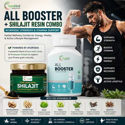 1 All Booster + Himalayan Shilajit Resin Combo  Ayurvedic Herbal Vitality & Wellness Support Kit