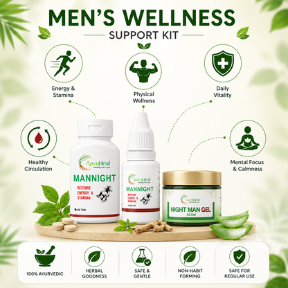Men's Wellness Support Kit by Anumakal, featuring a white bottle of Mannnight, a white dropper bottle, and a gold-lidded jar of Night Man Gel, displayed on a wooden tray with aloe vera and capsules against a light green background with wellness icons.
