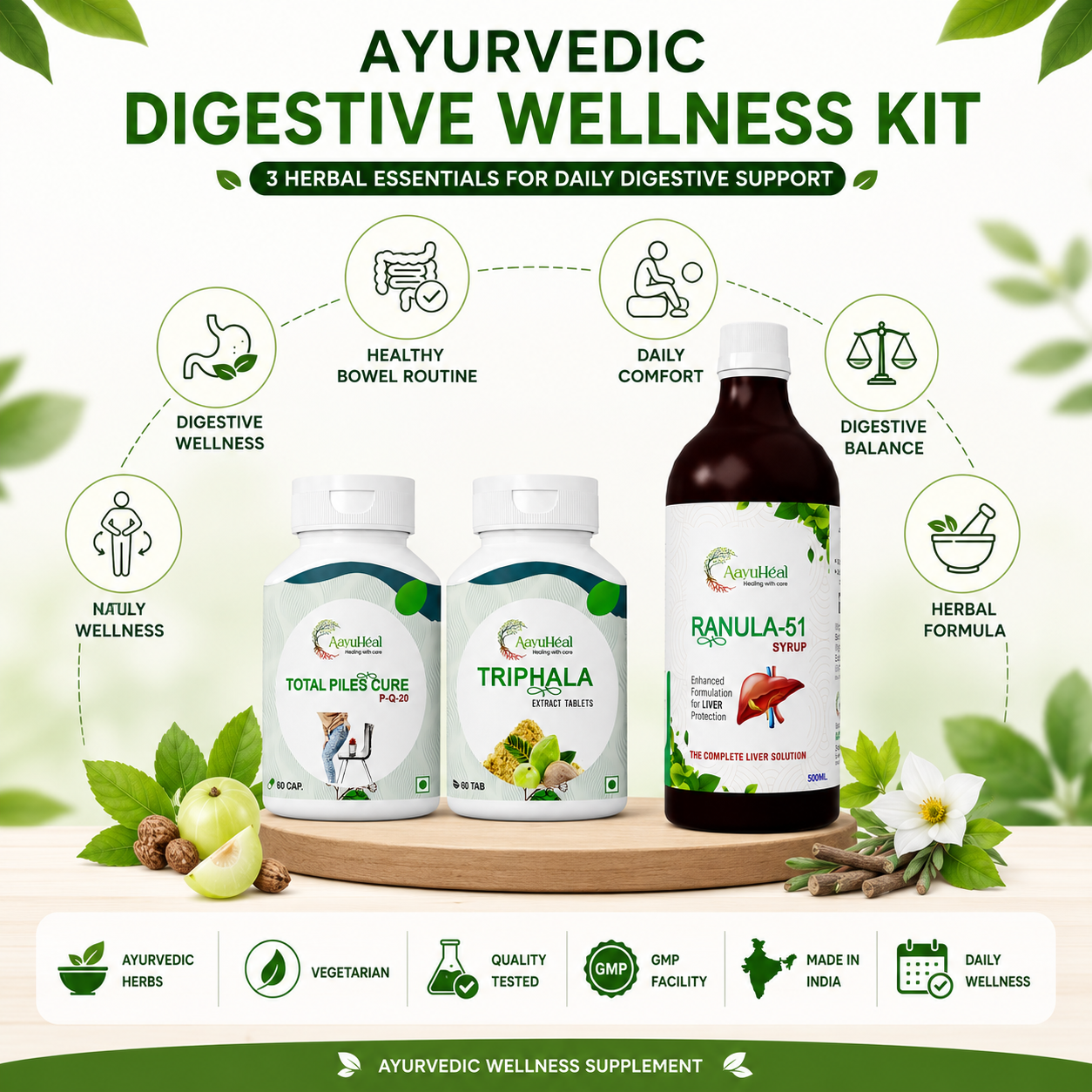 Ayurvedic Digestive Wellness Kit featuring three herbal supplement products: Total Pile Cure, Triphala, and Ranula-51 Syrup, displayed on a wooden stand with green leaves, fruits, and flowers.