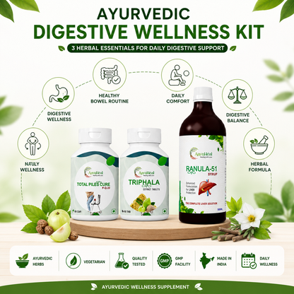 Ayurvedic Digestive Wellness Kit featuring three herbal supplement products: Total Pile Cure, Triphala, and Ranula-51 Syrup, displayed on a wooden stand with green leaves, fruits, and flowers.