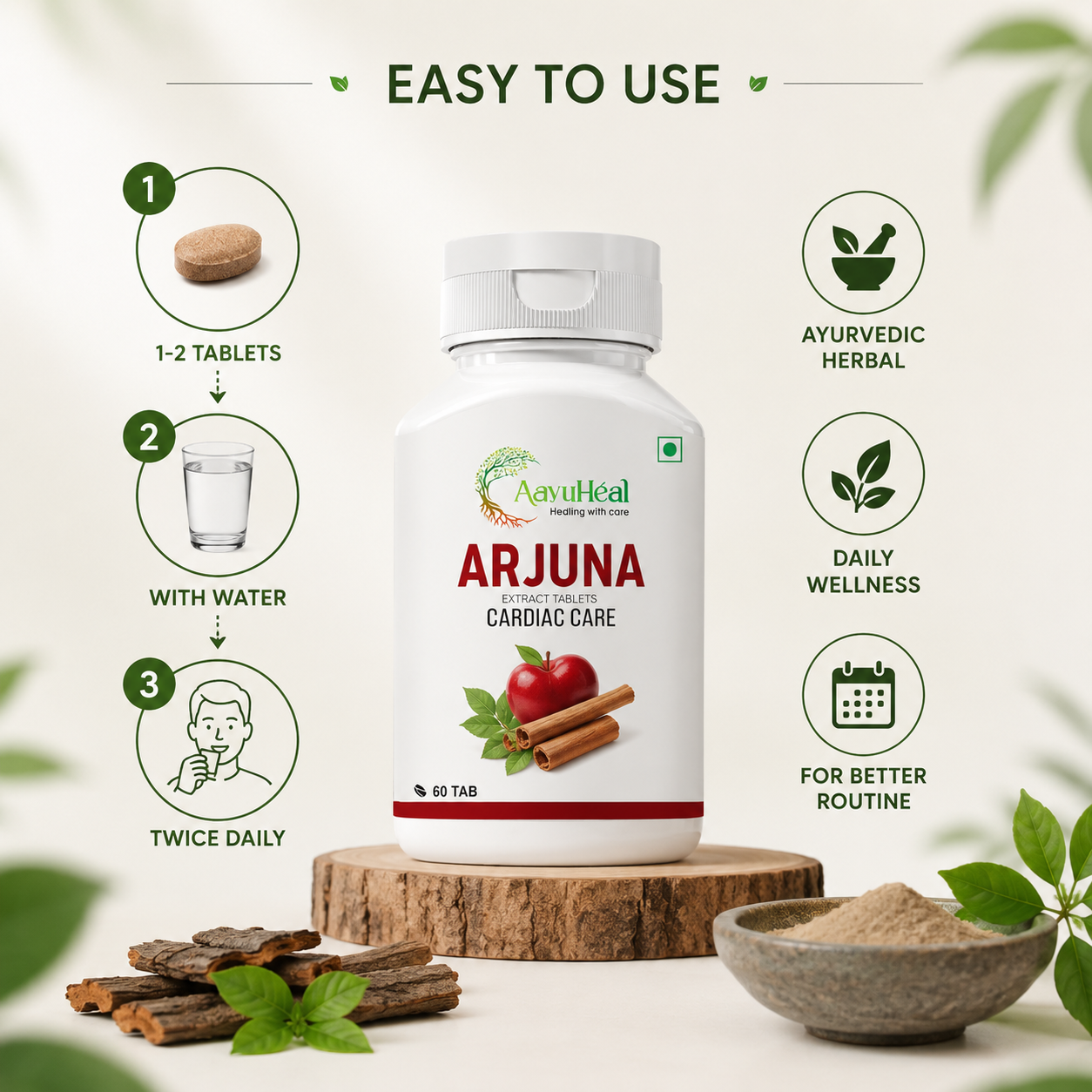 Arjuna Extract Tablets | Ayurvedic Heart & Cardiovascular Wellness Support | 60 Tablets