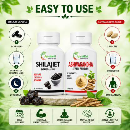 Ashwagandha & Shilajit Combo | Ayurvedic Stress Balance, Stamina & Energy Wellness Support