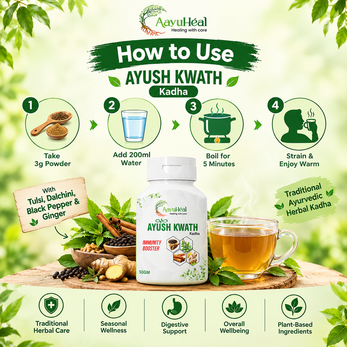 Ayush Kwath 50g | Traditional Ayurvedic Herbal Kadha with Tulsi, Dalchini, Black Pepper & Ginger