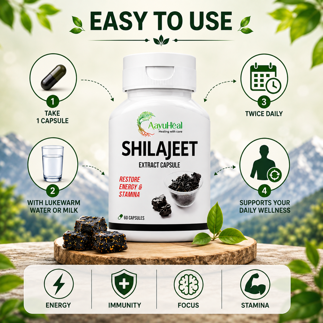 AayuHeal Shilajit Extract Capsules | Ayurvedic Daily Energy & Stamina Support