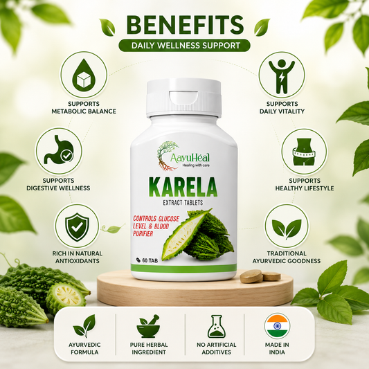 A bottle of AyurHeal Karela Extract Tablets centered on a light background with decorative green leaves and text highlighting daily wellness benefits. The bottle is white with green and red label details, shown with a wooden platform and two tablets beside it.