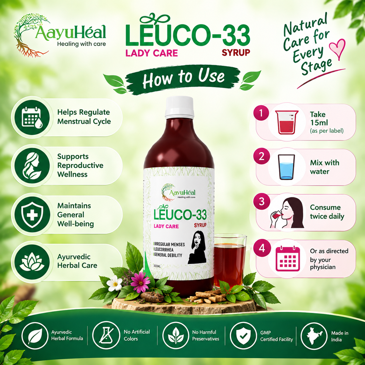 Leuco-33 Syrup Ayurvedic Women's Menstrual & Reproductive Wellness Support