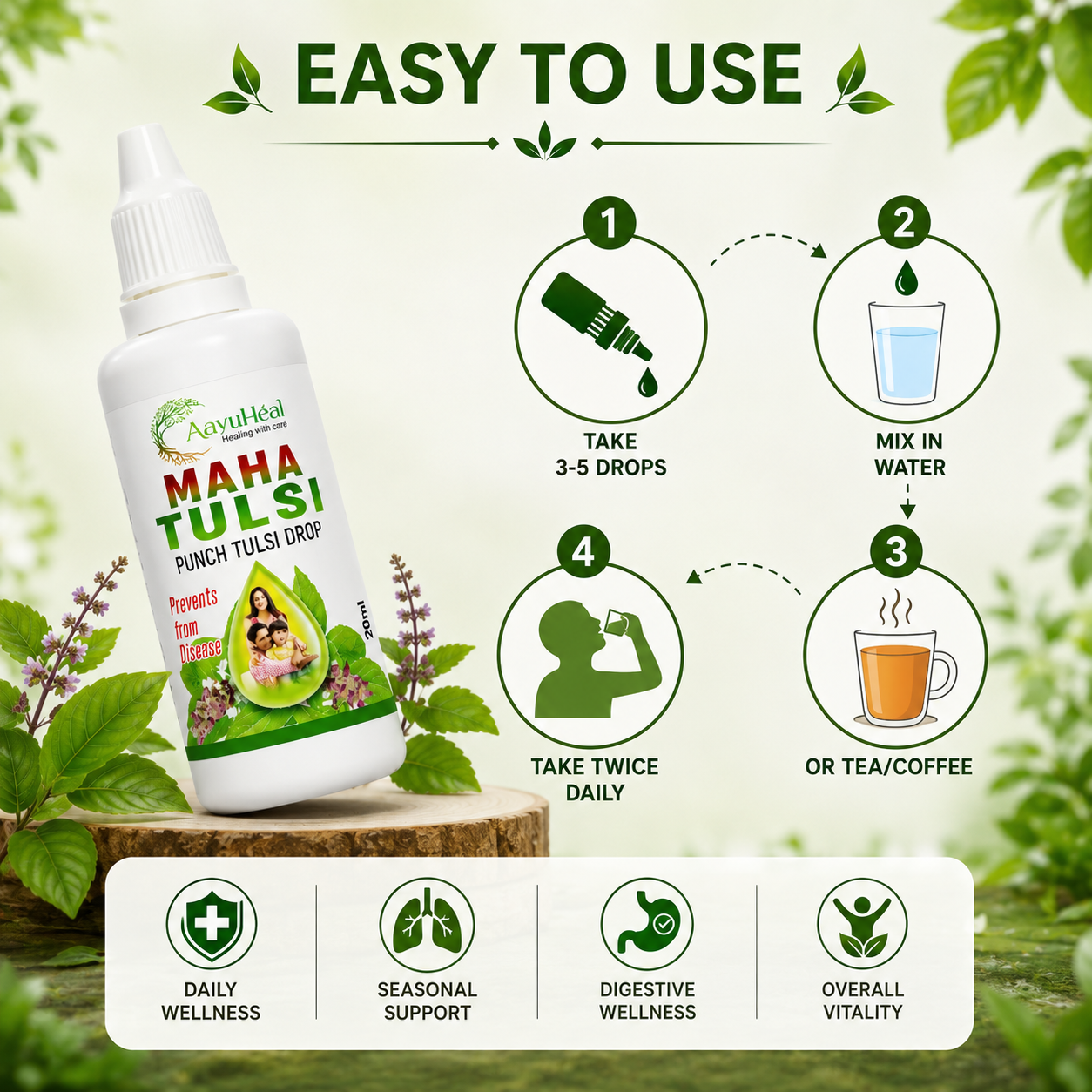 Panch Tulsi Drops
Ayurvedic Tulsi Drops
Tulsi Herbal Drops
Panch Tulsi Extract
Ayurvedic Herbal Wellness
Tulsi Wellness Supplement
AayuHeal Panch Tulsi Drops
Herbal Drops Made in India