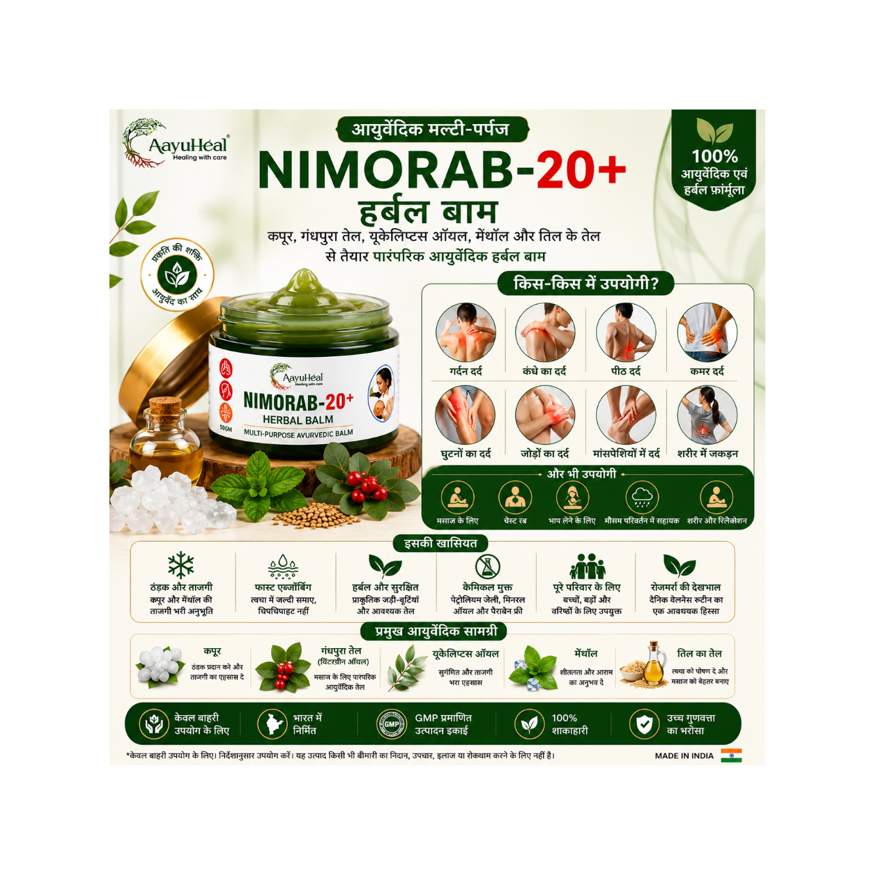 4 AayuHeal Nimorab-20+ Ayurvedic Herbal Balm for traditional herbal massage and everyday wellness.