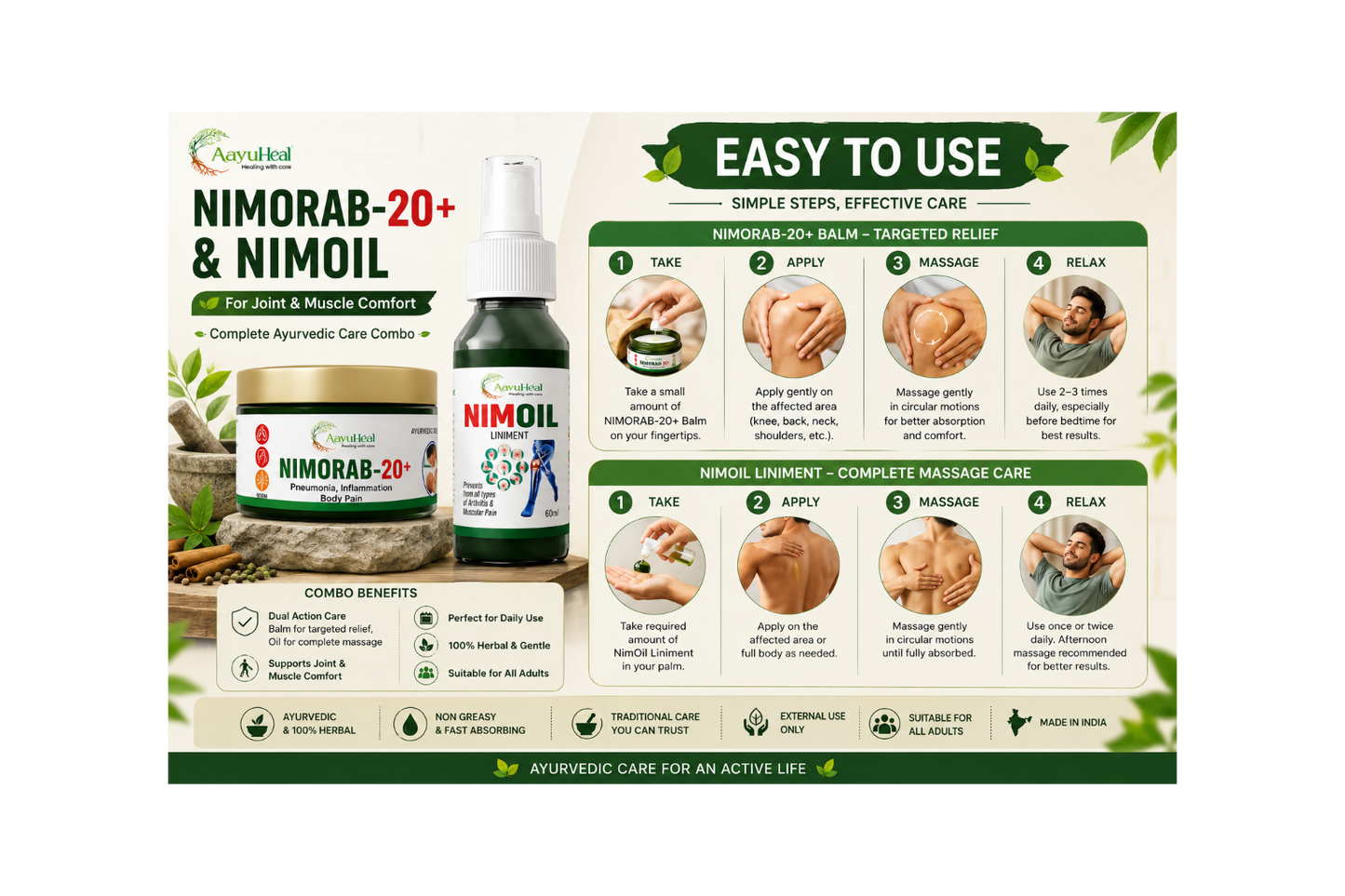 AayuHeal NIMORAB-20+ Balm & NimOil Combo  Ayurvedic Herbal Massage & Body Comfort Kit| Easy to use