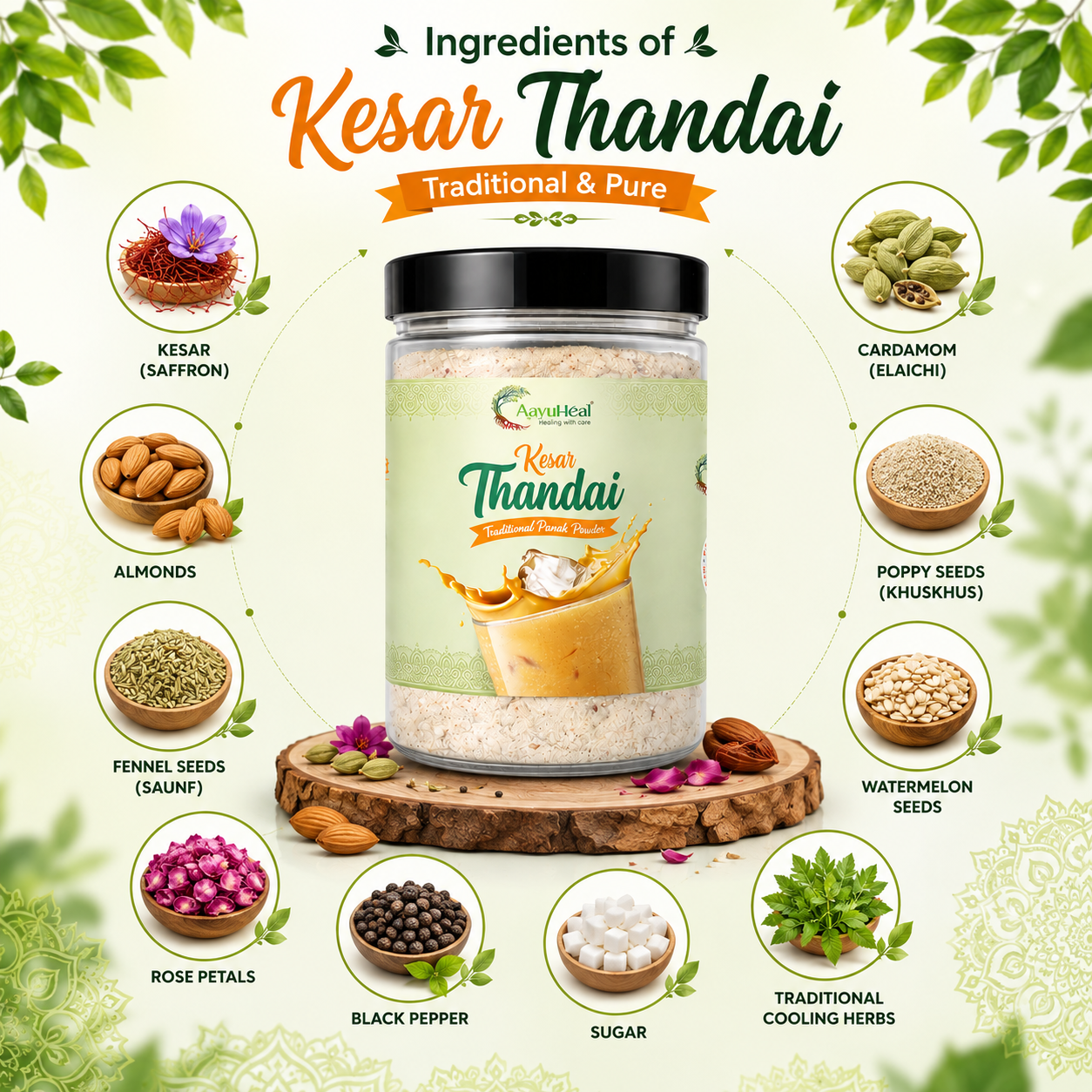 AayuHeal Kesar Thandai | Ayurvedic Drink Mix with Kesar, Dry Fruits; Traditional Cooling Herbs