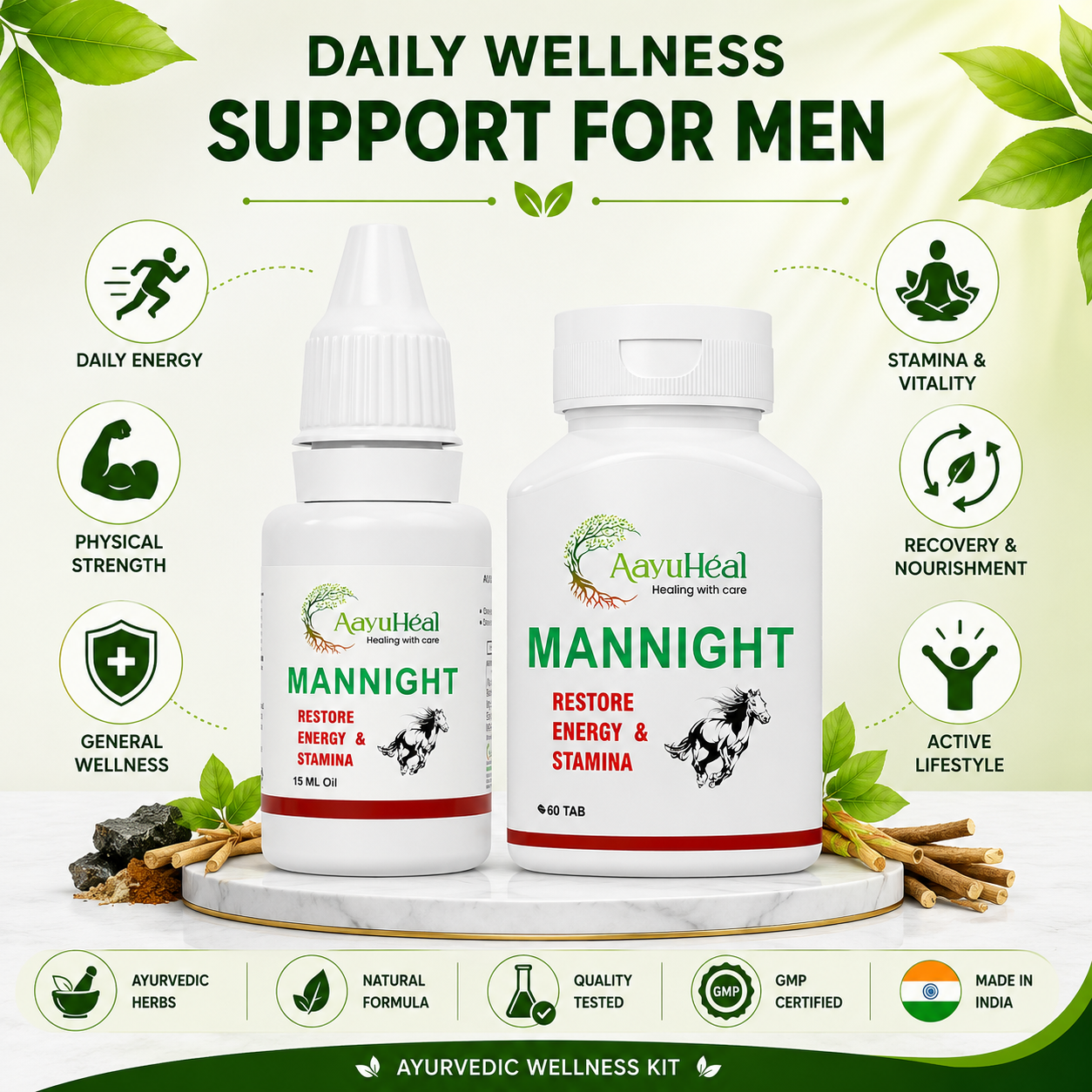 Ayurvedic wellness kit featuring Mannnight supplement bottles on a marble slab, surrounded by green leaves and icons highlighting daily wellness benefits for men.