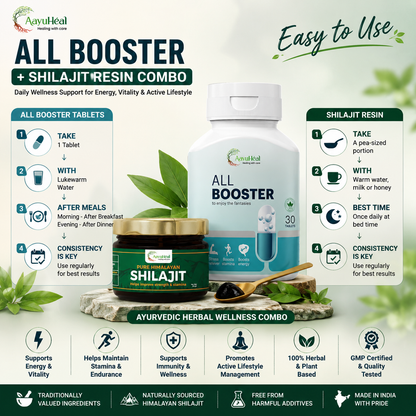 1 All Booster + Himalayan Shilajit Resin Combo  Ayurvedic Herbal Vitality & Wellness Support Kit