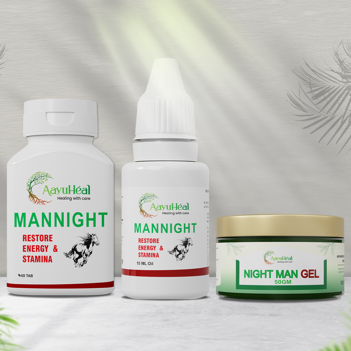 Three AavuHeal wellness products arranged together on a light gray background with soft leaf shadows: a white bottle labeled MANNIGHT, a white dropper bottle labeled MANNIGHT, and a green-and-white jar labeled NIGHT MAN GEL 50CM.