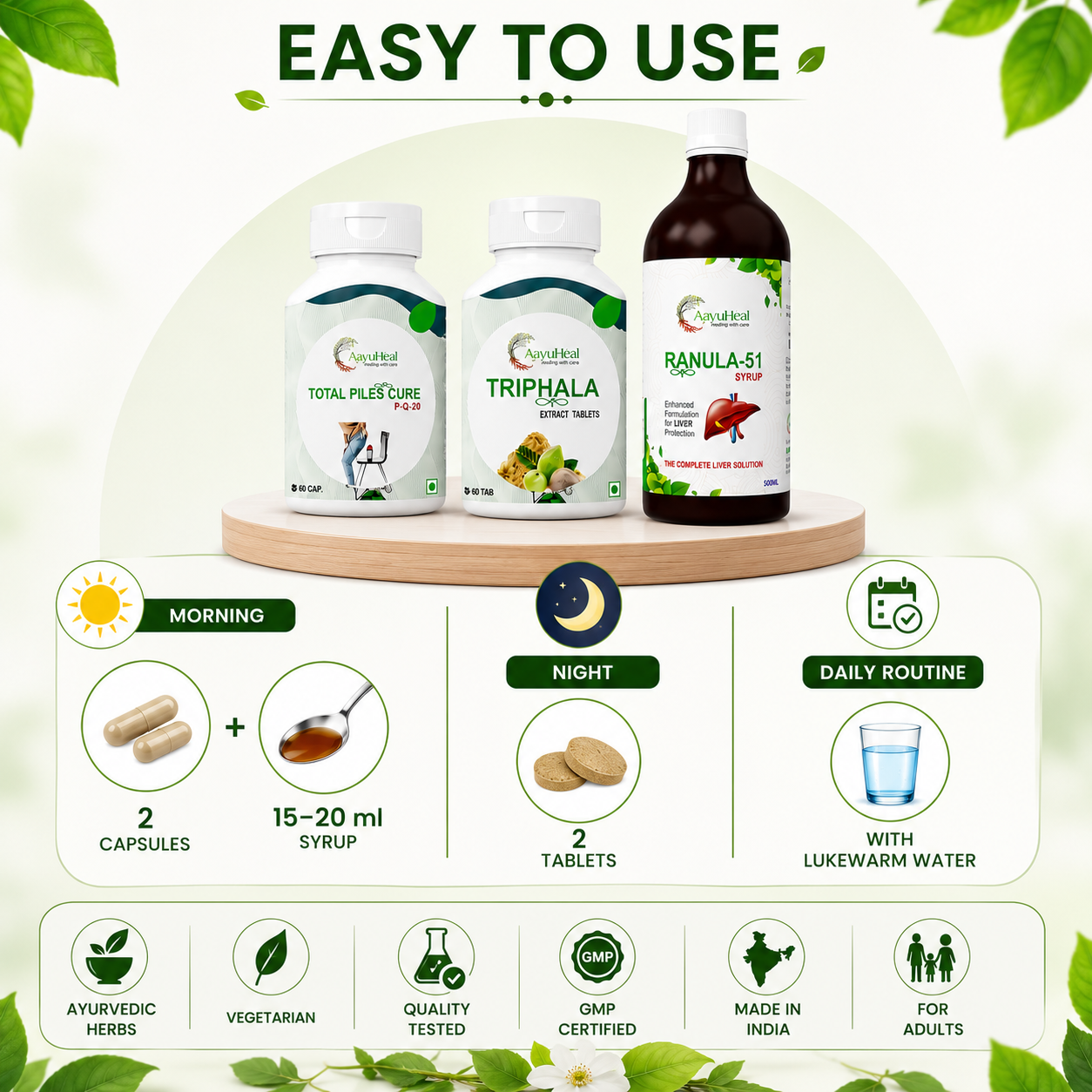 Three herbal supplement products from the brand Vaidya Pravachan: Total Pile Cure, Triphala, and Ranula-51. The products are displayed on a wooden platform with text detailing their usage routines (morning and night) and features like 'Easy to Use', 'Ayurvedic Herbs', and 'GMP Certified'.