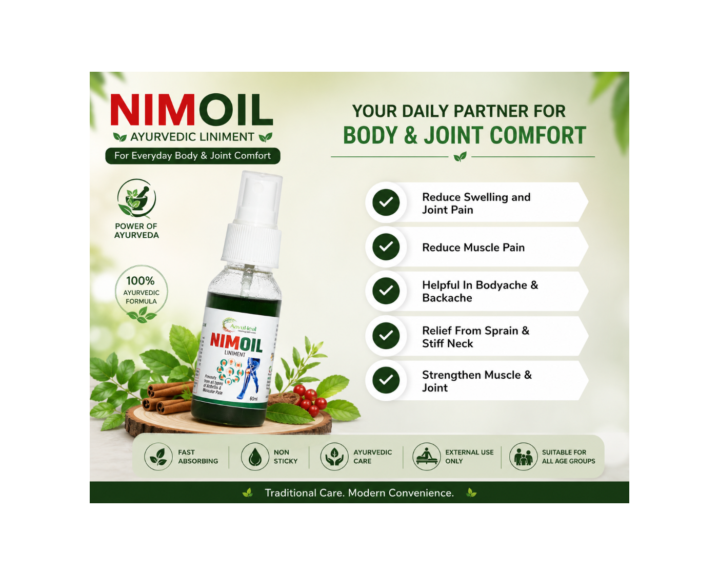 Nimoil Ayurvedic Liniment spray bottle shown on a light green promotional background with product claims, icons, and botanical imagery. The bottle is dark green with a white spray top and a label featuring the NIMOIL brand and Ayurvedic imagery.