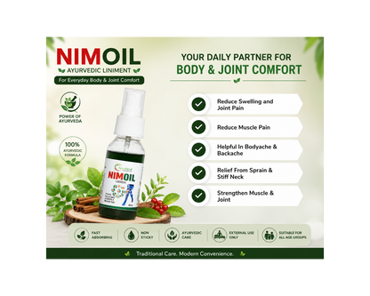 Nimoil Ayurvedic Liniment spray bottle shown on a light green promotional background with product claims, icons, and botanical imagery. The bottle is dark green with a white spray top and a label featuring the NIMOIL brand and Ayurvedic imagery.