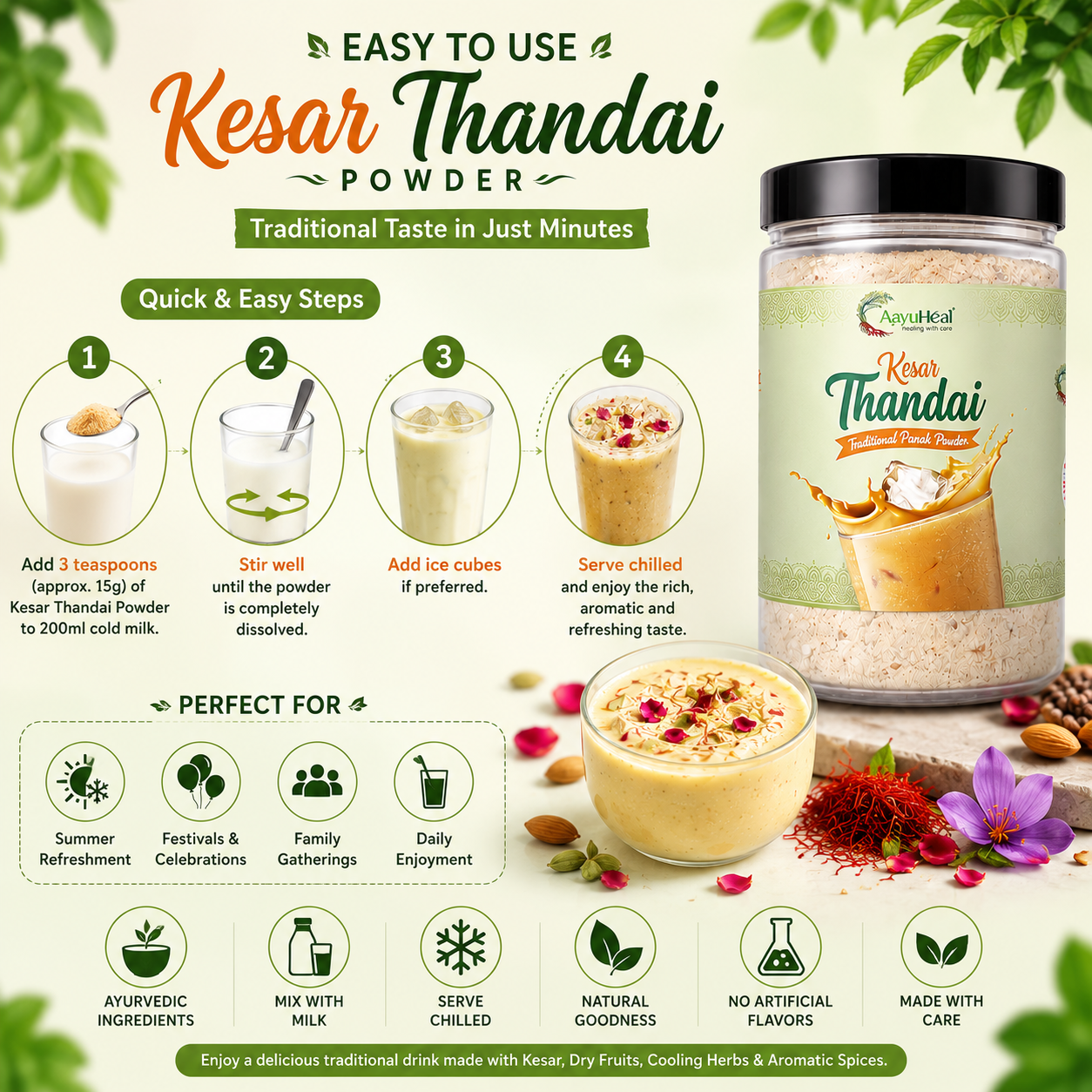 AayuHeal Kesar Thandai | Ayurvedic Drink Mix with Kesar, Dry Fruits; Traditional Cooling Herbs