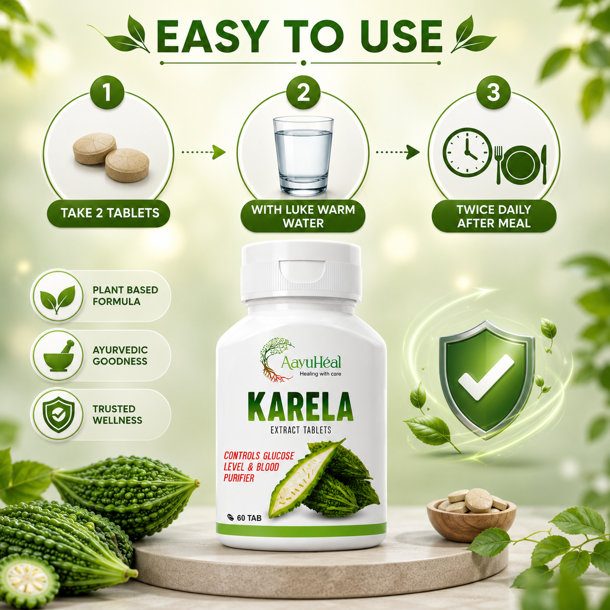 A product infographic for AuviHeal Karela Extract Tablets. The white bottle of tablets is centered on a wooden pedestal, surrounded by green bitter melon, a small bowl of tablets, and a glowing green shield icon.