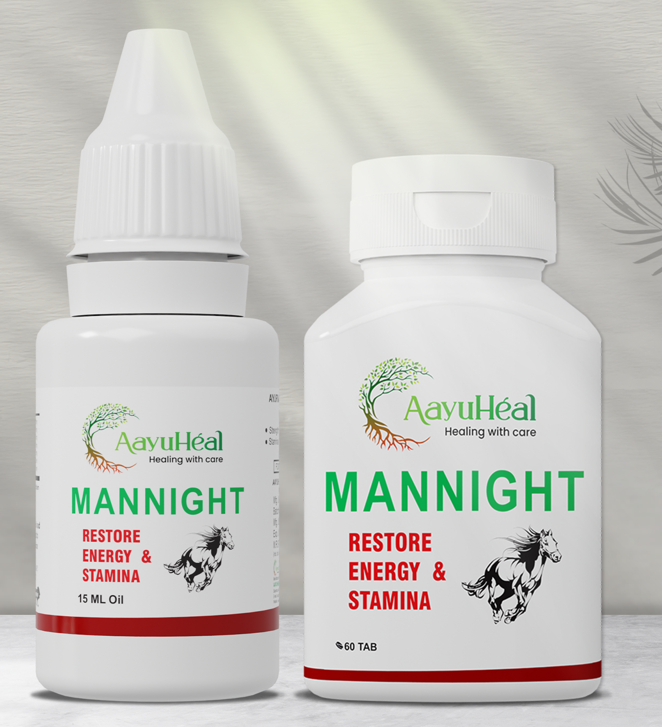 Two white supplement containers from AavuHeal labeled MANNIGHT, one dropper bottle of 15 mL oil and one bottle of 60 tabs, shown on a light gray background with a faint leaf motif.