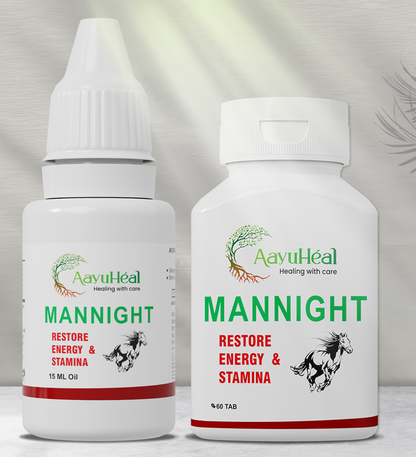 Two white supplement containers from AavuHeal labeled MANNIGHT, one dropper bottle of 15 mL oil and one bottle of 60 tabs, shown on a light gray background with a faint leaf motif.