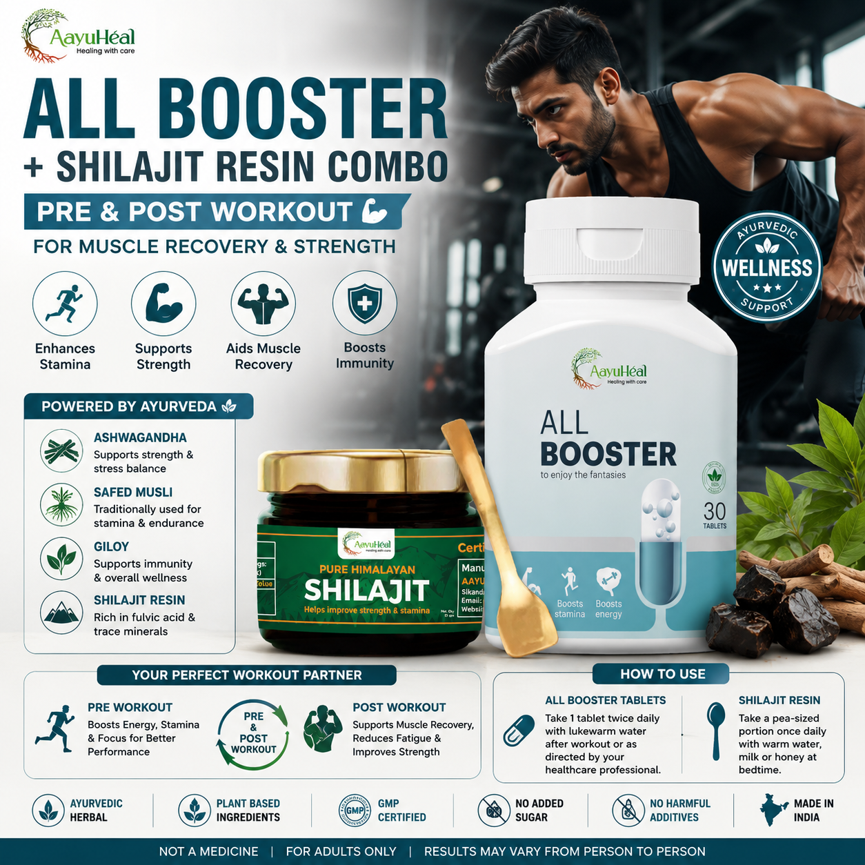 1 All Booster + Himalayan Shilajit Resin Combo  Ayurvedic Herbal Vitality & Wellness Support Kit