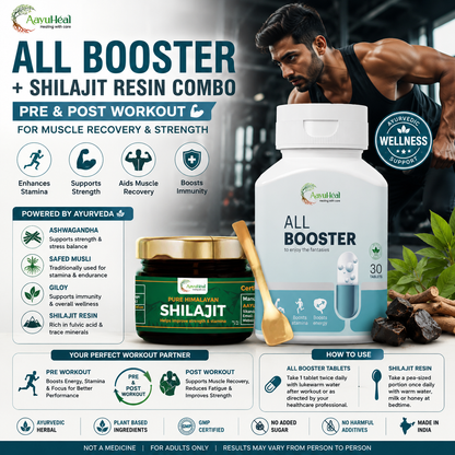 1 All Booster + Himalayan Shilajit Resin Combo  Ayurvedic Herbal Vitality & Wellness Support Kit